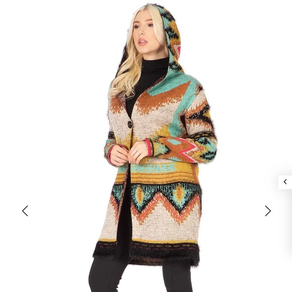 MAXSPORT Sweaters - MAXSPORT Hooded Southwestern Tribal Eyelash Cardigan Sweater Multicolored Med